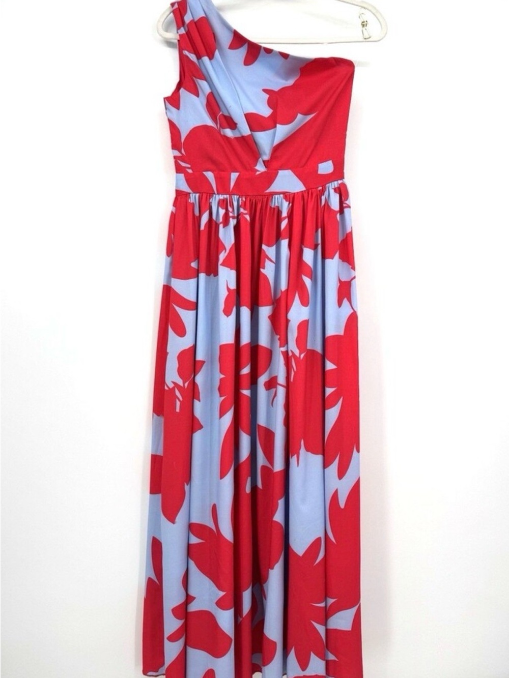 One-Shoulder Maxi Dress in Red and Light Blue Floral Print